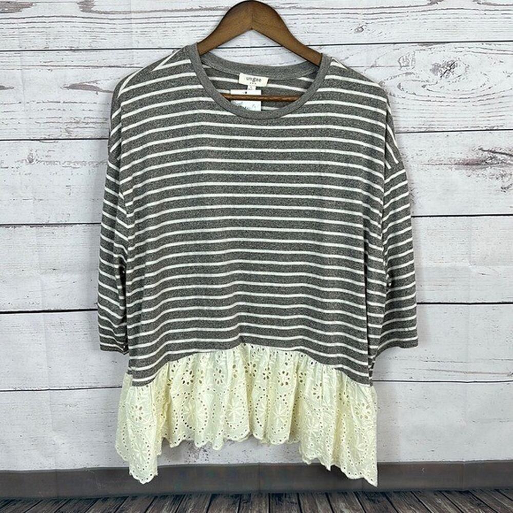Umgee Top Shirt Womens Large Gray Striped Ruffle Eyelet Embroidered Boho Cottage
